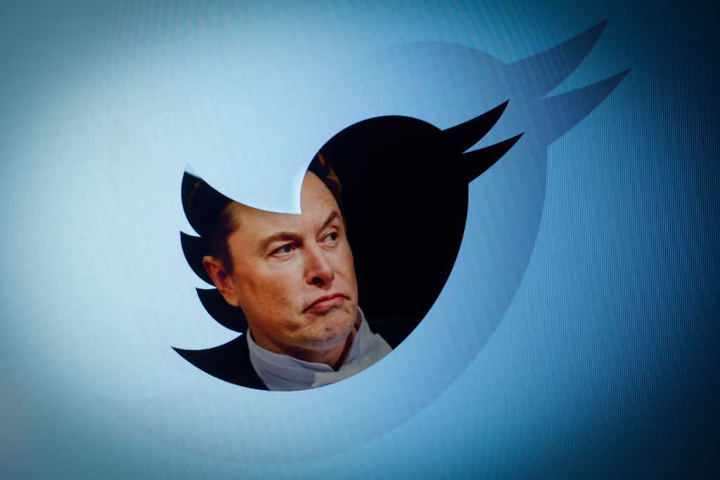 Twitter owner Elon Musk is seen with a Twitter logo in this photo illustration. (STR/NurPhoto—Getty Images)