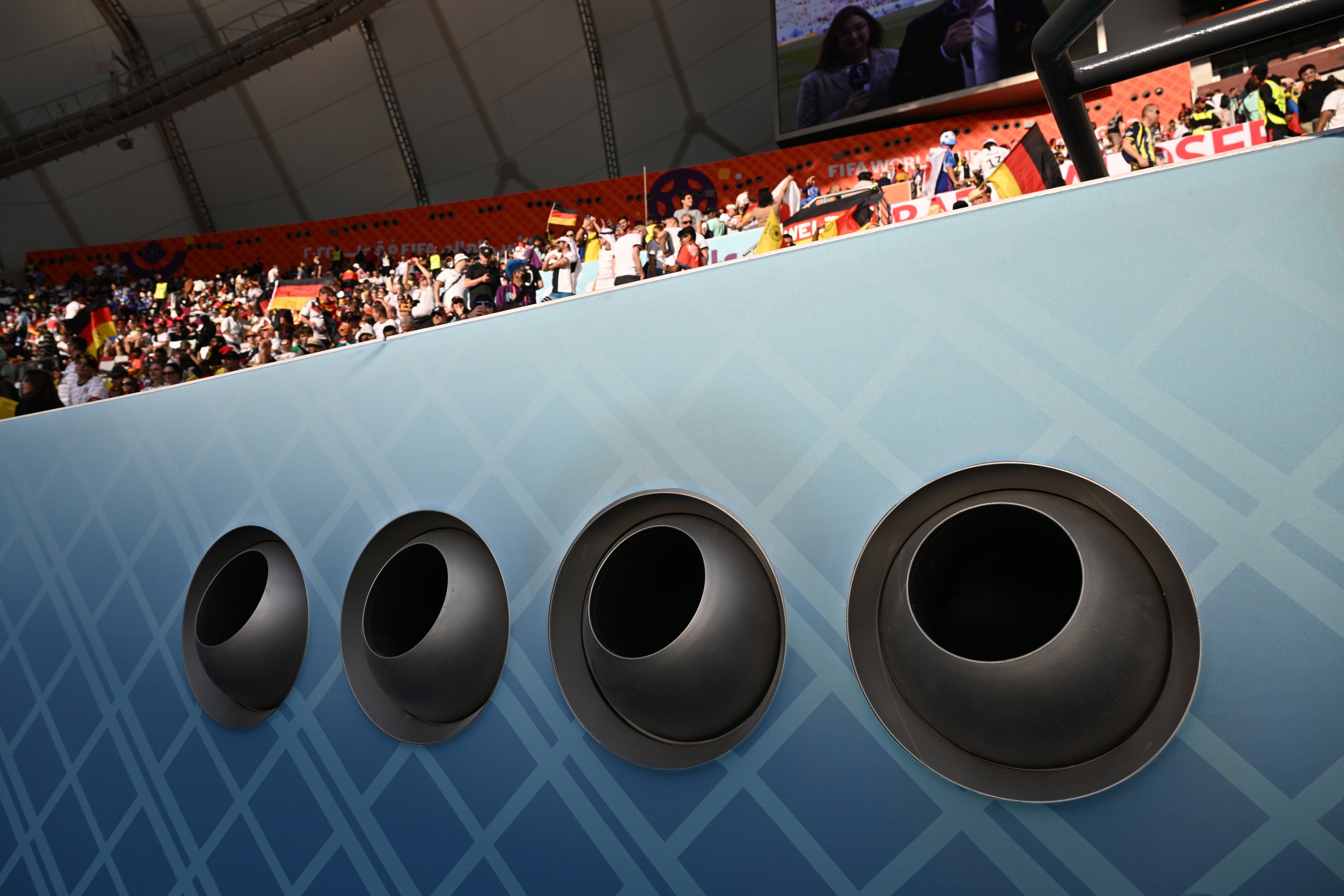 Air conditioning vents, which ensure a moderate temperature in the open-air arena, are seen at Chalifa International Stadium in Qatar during the Germany vs. Japan game on Nov. 23, 2022 (Federico Gambarini—picture alliance/Getty Images)
