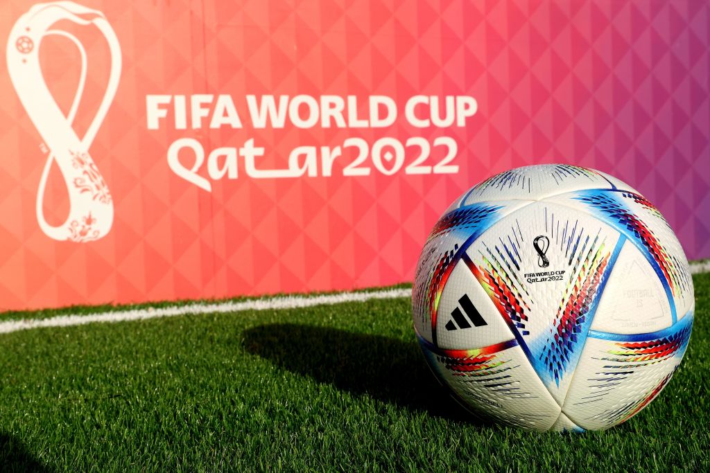Al-Rihla, the official adidas matchball for the FIFA World Cup Qatar 2022, is pictured on March 30, 2022 in Doha, Qatar. (Alexander Hassenstein—FIFA via Getty Images)
