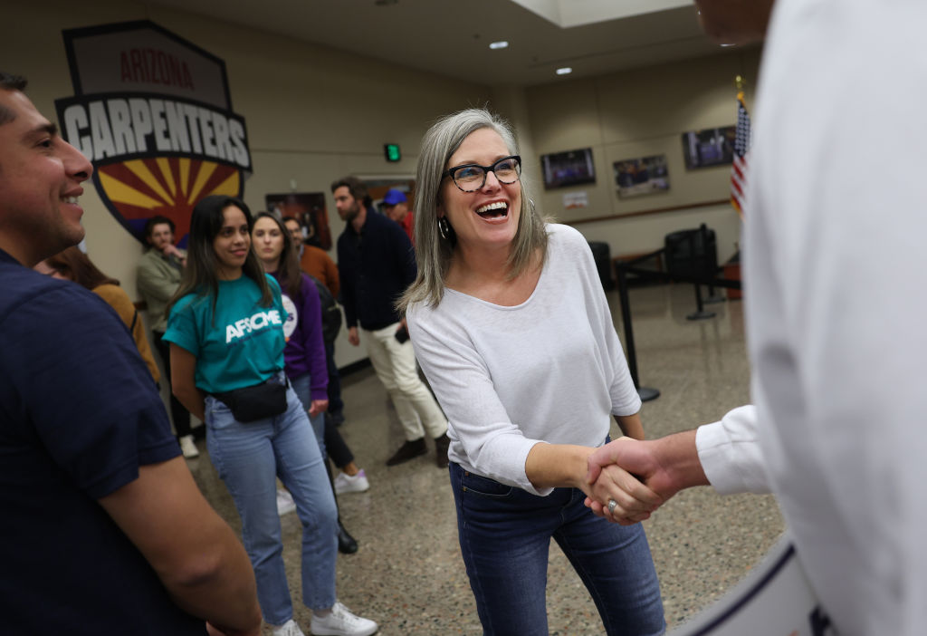 Katie Hobbs, Democrat running for Arizona Governor against Kari Lake, greets supporters during a campaign event at a union hall on Nov. 05, 2022 in Phoenix, Arizona. (Kevin Dietsch—Getty Images)