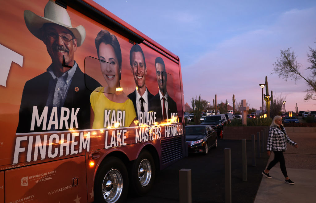 A campaign bus for Arizona Republican candidates is seen parked in front of a campaign rally at Dream City Church on November 05, 2022 in Scottsdale, Arizona. (Justin Sullivan—Getty Images)