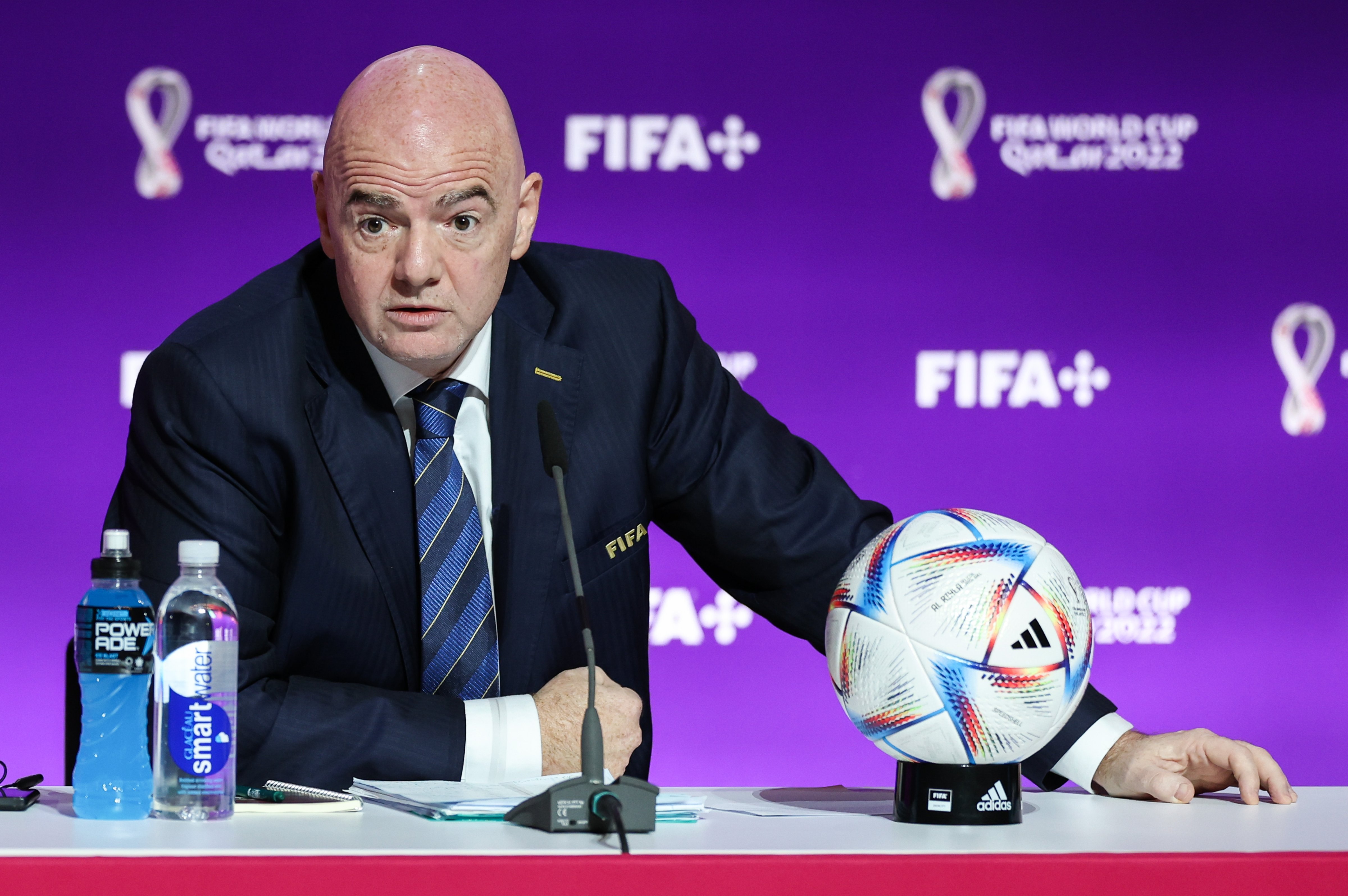 FIFA President Gianni Infantino speaks during a press conference at the Main Media Centre ahead of the FIFA World Cup 2022 on November 19, 2022 in Doha, Qatar. (iu Lu/VCG—Getty Images)