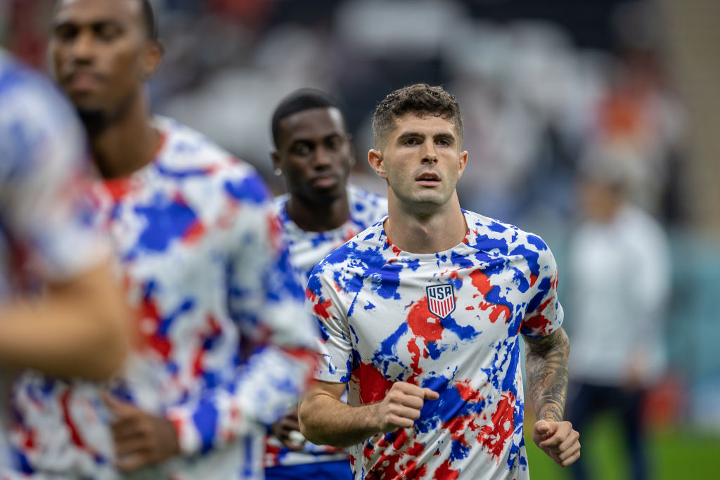 USA star player Christian Pulisic warms up ahead of the World Cup match against England at Al Bayt Stadium on Nov. 25, 2022. (Simon Bruty—Anychance/Getty Images)