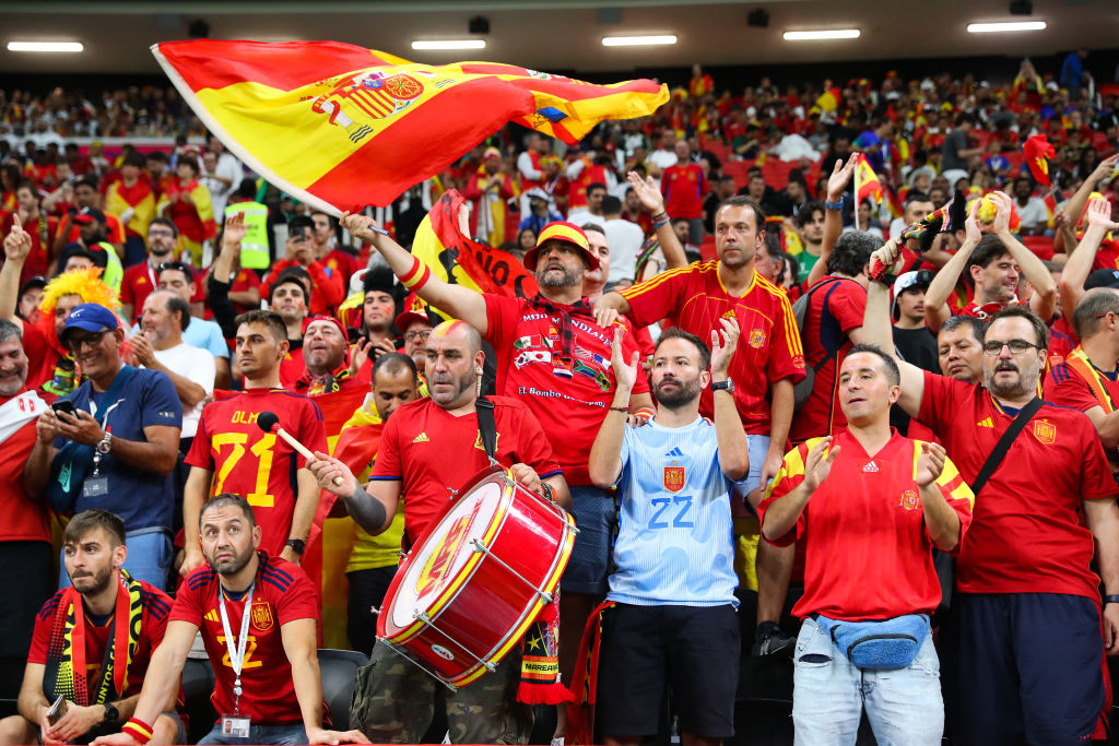 Spain supporters cheer in the stands during the FIFA World Cup match against Germany at Al Bayt Stadium in Al Khor, Qatar, Nov. 27, 2022. (Alex Livesey—Danehouse/Getty Images)