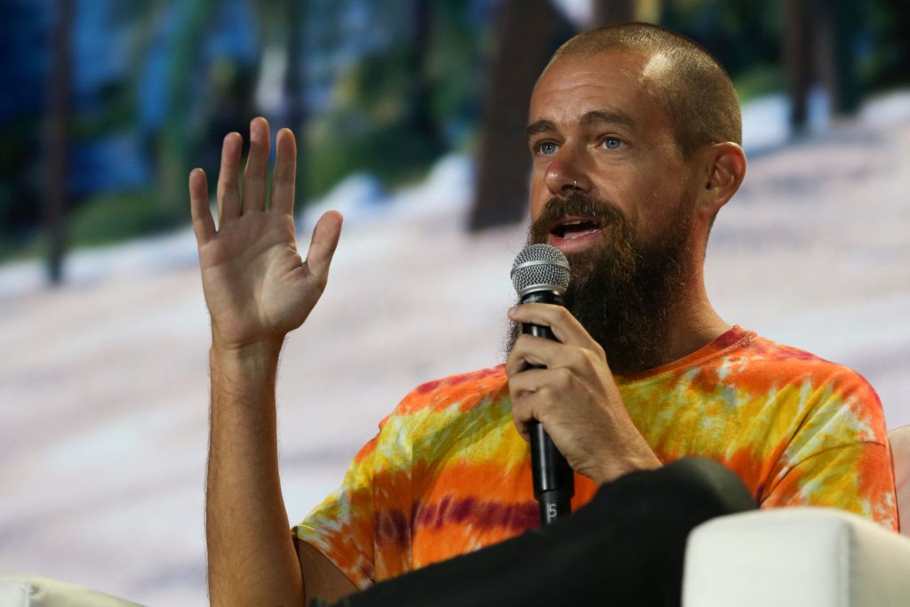 Jack Dorsey, CEO of Twitter and co-founder &amp; CEO of Square, speaks during the crypto-currency conference Bitcoin 2021 Convention at the Mana Convention Center in Miami, Florida, on June 4, 2021. (MARCO BELLO—Getty Images)