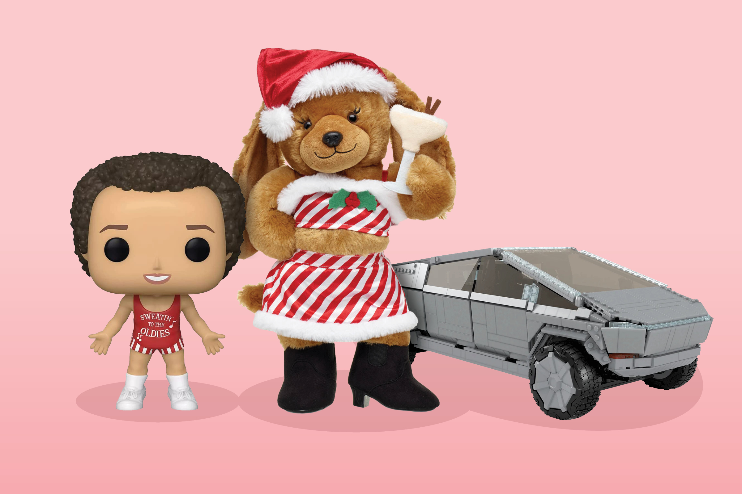 A Richard Simmons Funko Pop, a Build-a-Bear "After Dark" stuffed animal, and the Mattel Creations Tesla Cybertruck (Photo Illustration by Rich Morgan for TIME)