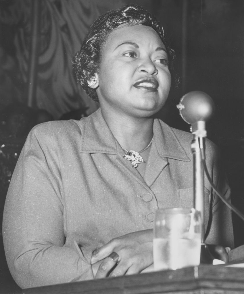 Mamie Till-Mobley, mother of lynched teenager Emmett Till, delivers a speech, Baltimore, Md. in 1955. (Getty Images)