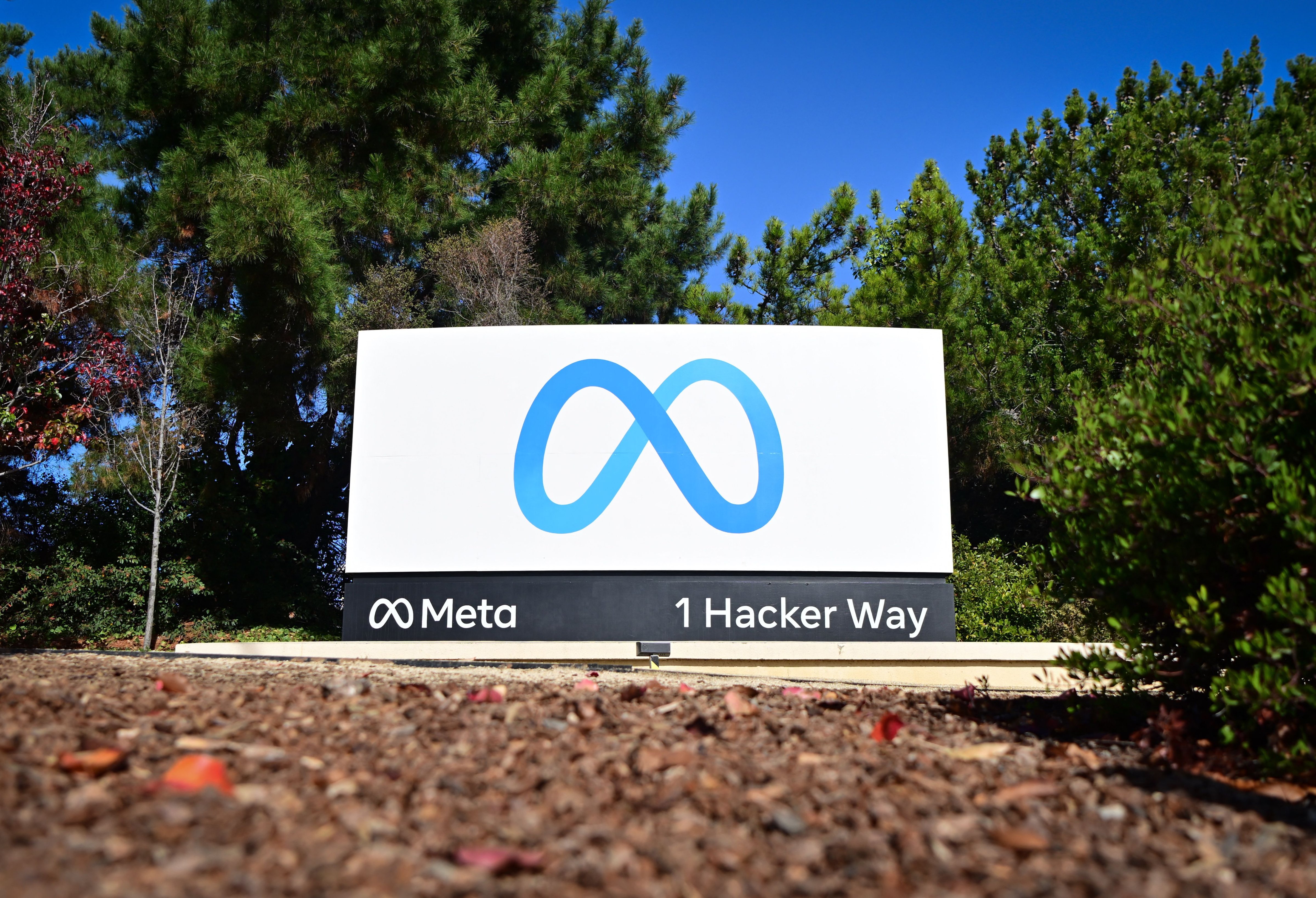 The Meta (formerly Facebook) logo marks the entrance of their corporate headquarters in Menlo Park, California on November 09, 2022. (Josh Edelson–AFP via Getty Images)