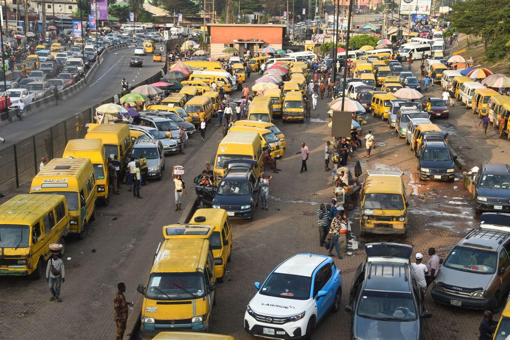 Vehicles drive in traffic gridlock at Ojodu-Berger bus station in Lagos, Nigeria's commercial capital, on Oct. 19, 2022. With the UN forecasting the world has hit 8 billion people, Lagos and other African cities are bracing for fast-paced growth that will make them among the globe's new megacities. (Pius Utomi Ekpei—AFP/Getty Images)