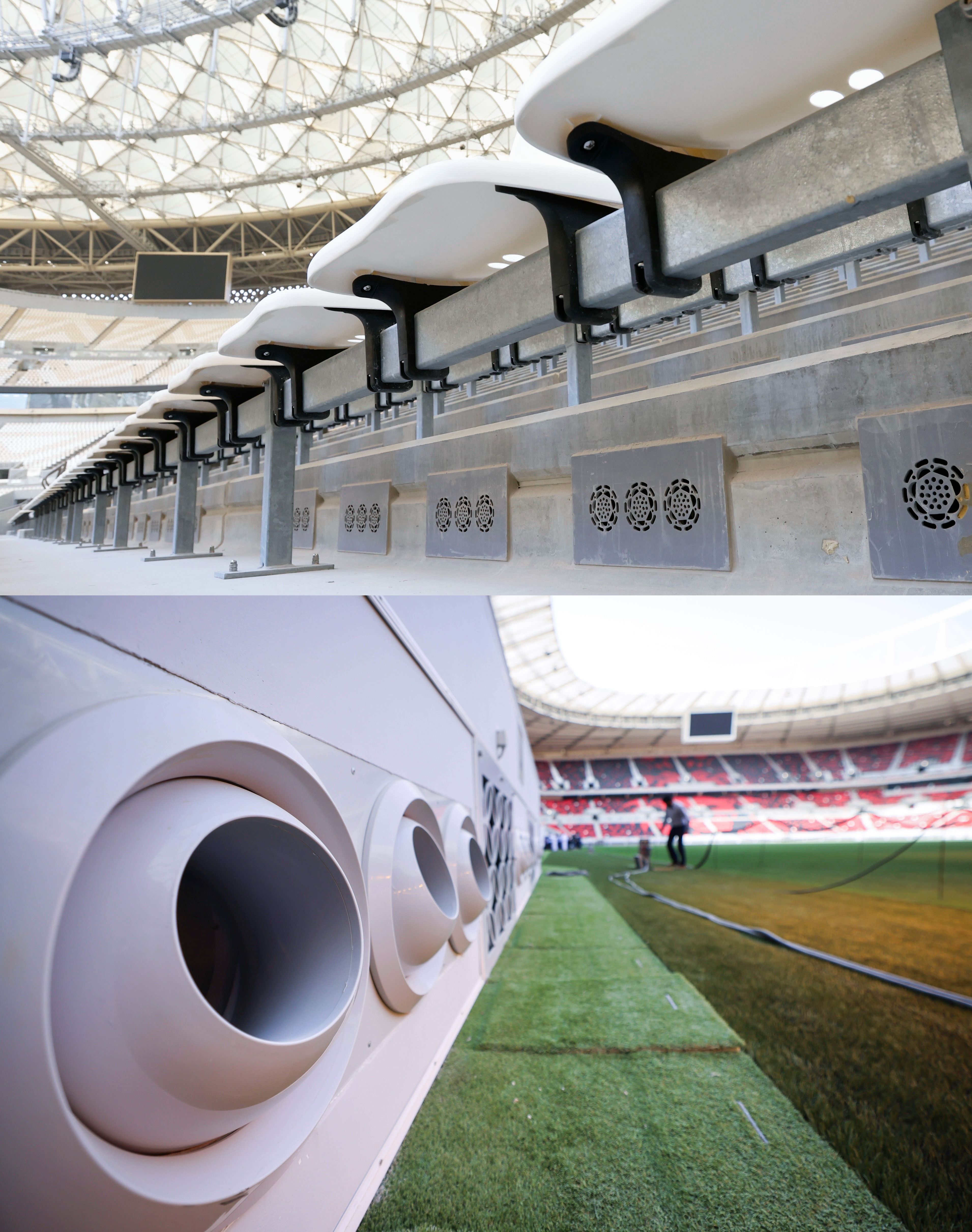 Снимките преди турнира показват решетки под седалките на стадион Lusail (отгоре) и дюзи отстрани на терена на стадион Ahmad Bin Ali (отдолу).  Те се използват за вдухване на охладен въздух в арените в Катар.  (Киодо/AP; Кристиан Харизиус—picture-alliance/dpa/AP)