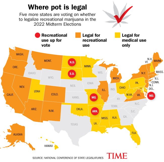 Recreational marijuana use will be legal in nearly half of U.S. states if five ballot measures pass in the 2022 Midterm Elections. (Lon Tweeten / TIME)