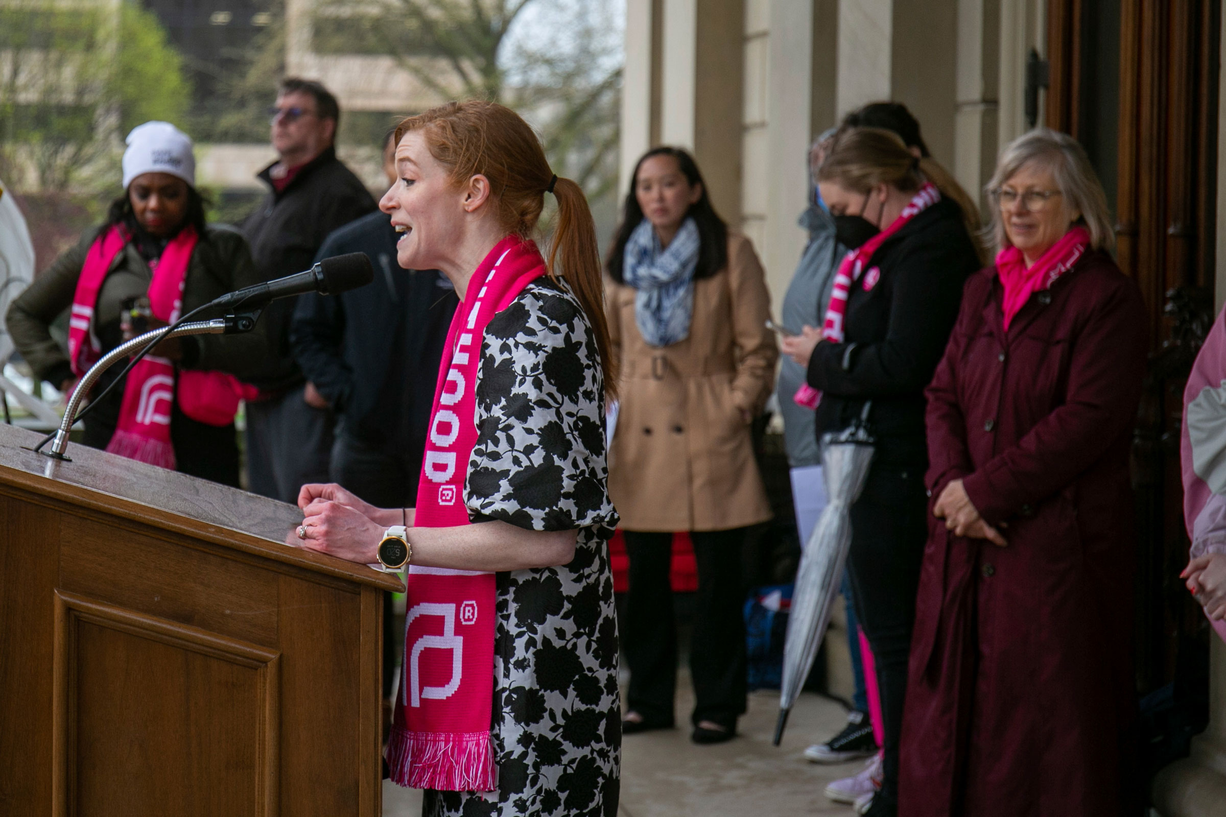 Michigan State Senator Mallory McMorrow speaks at a rally organized by Planned Parenthood Michigan, on the steps of the Michigan State Capitol building in Lansing, Mich., on May 3, 2022. (Daniel Shular—The Grand Rapids Press/AP)