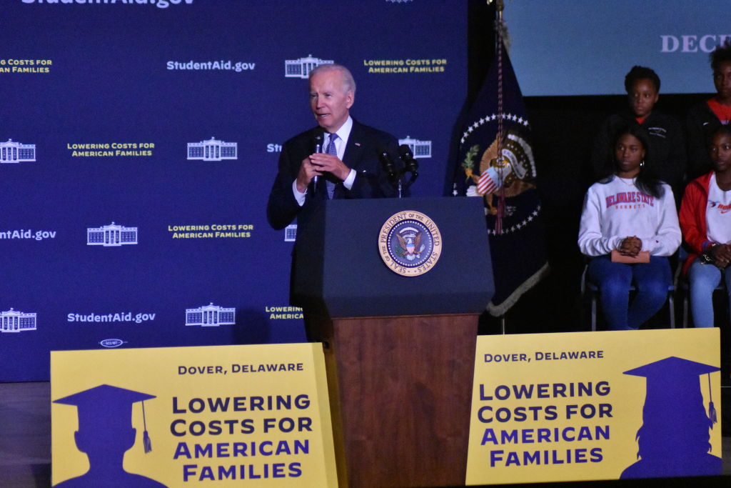 President Joe Biden delivers remarks on Student Debt Relief at Delaware State University in Dover, on October 21, 2022. (Kyle Mazza—Anadolu Agency/Getty Images)