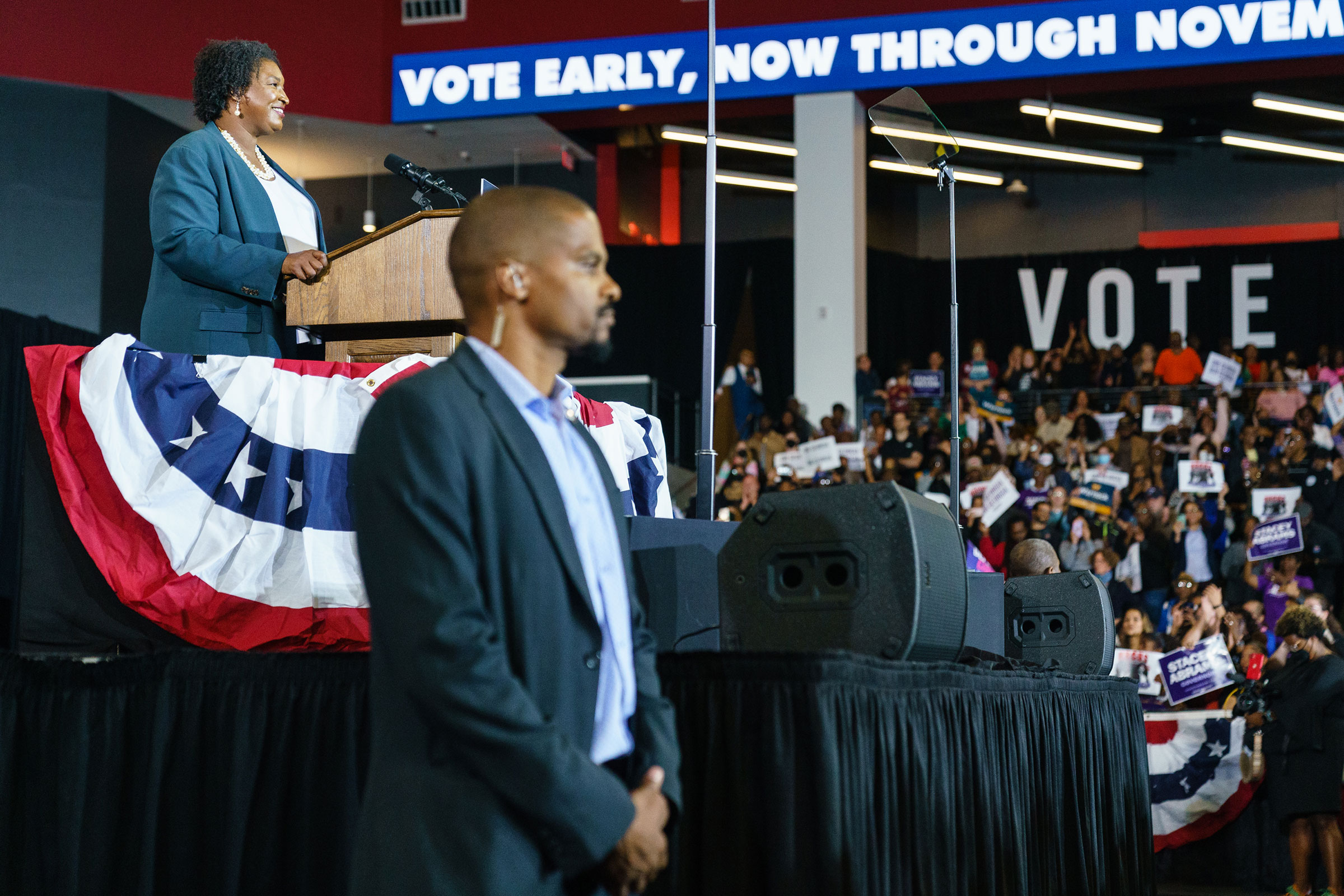 Democratic gubernatorial candidate Stacey Abrams speaks at a Georgia Democratic campaign in College Park, Georgia on October 28, 2022. (Elijah Nouvelage—Getty Images)