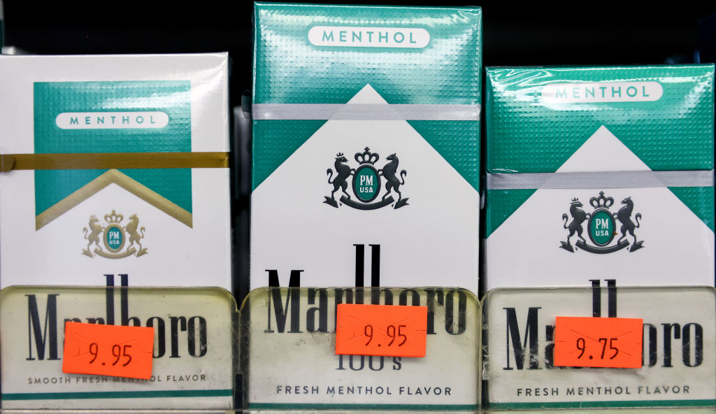 Packs of menthol cigarettes are displayed for sale in a smoke shop on in Los Angeles on April 28, 2022. (Mario Tama—Getty Images)