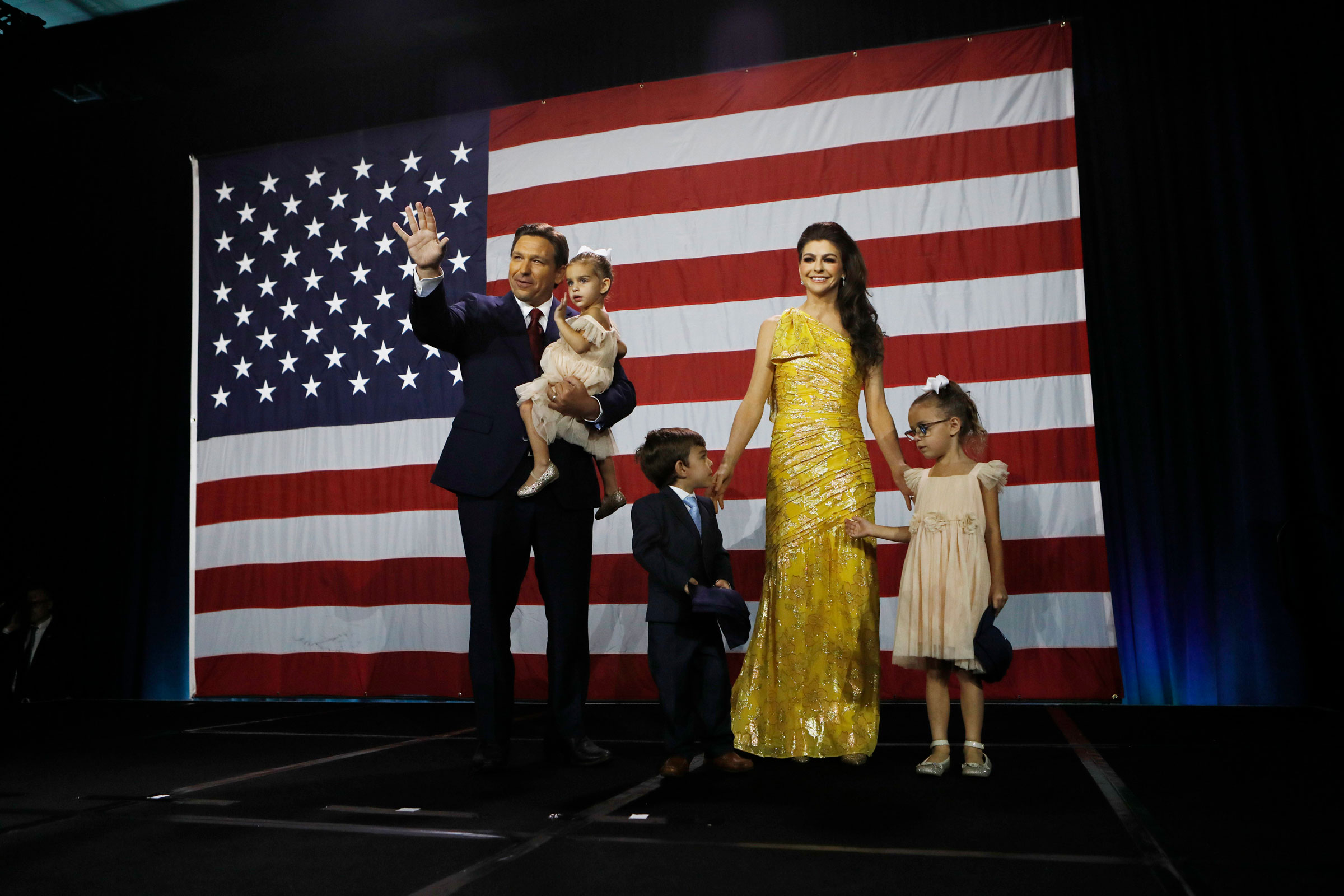 Florida Gov. Ron DeSantis, his wife Casey DeSantis and their children walk on stage to celebrate victory over Democratic gubernatorial candidate Rep. Charlie Crist during an election night watch party at the Tampa Convention Center on November 8, 2022 in Tampa, Florida. DeSantis was the projected winner by a double-digit lead. (Octavio Jones—Getty Images)