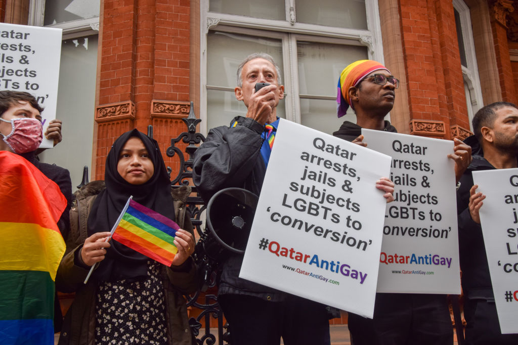 Activists gathered outside the Embassy of Qatar in London on the eve of the World Cup in protest against the nation's laws and stance on LGBTQ rights. (Vuk Valcic-SOPA Images/LightRocket/ Getty Images)