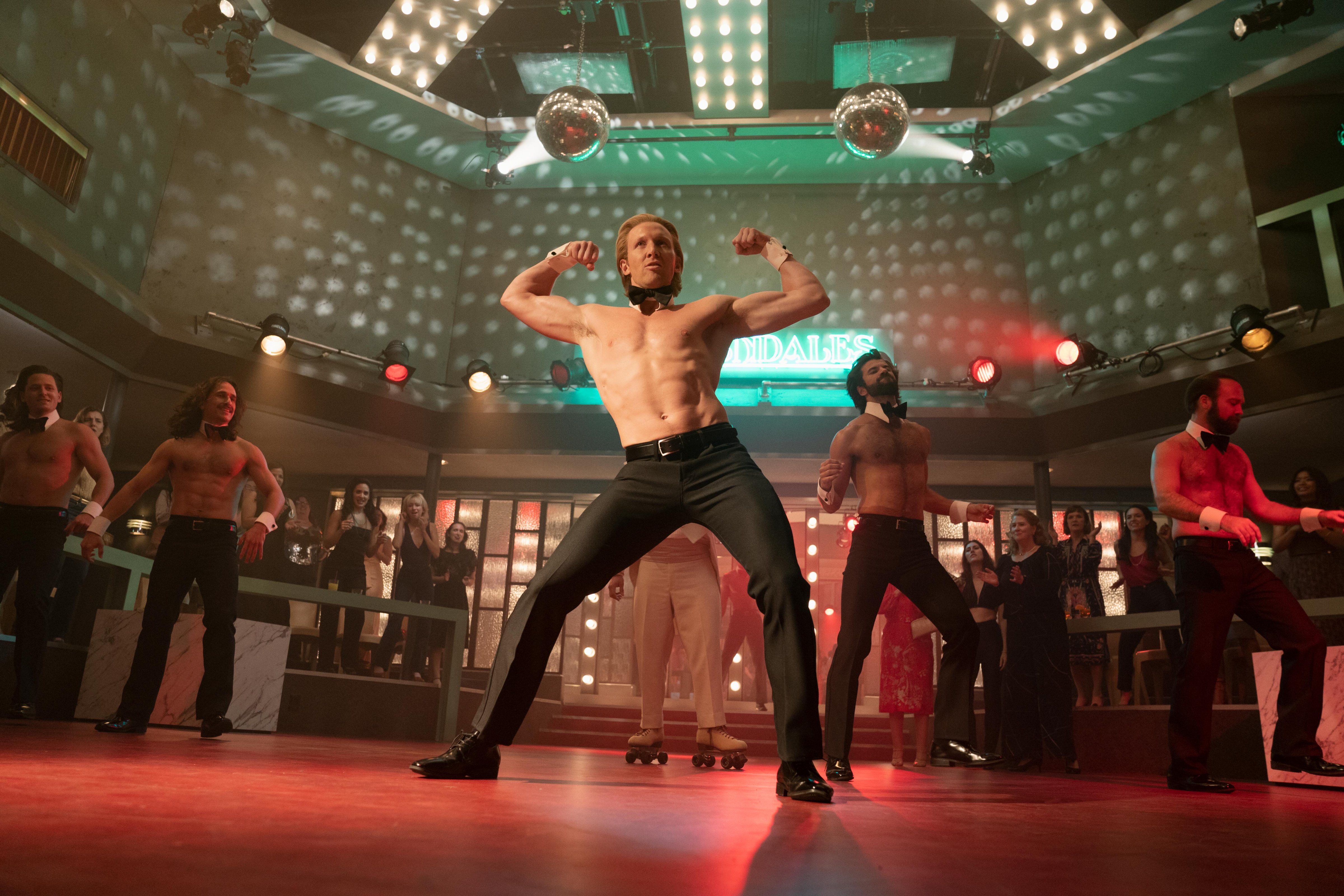 From left: Kevin Mylrea, Max Teboul, Daxton Bloomquist, Michael Graceffa, and Justin Wilson in <i>Welcome to Chippendales</i> (Erin Simkin—Hulu)