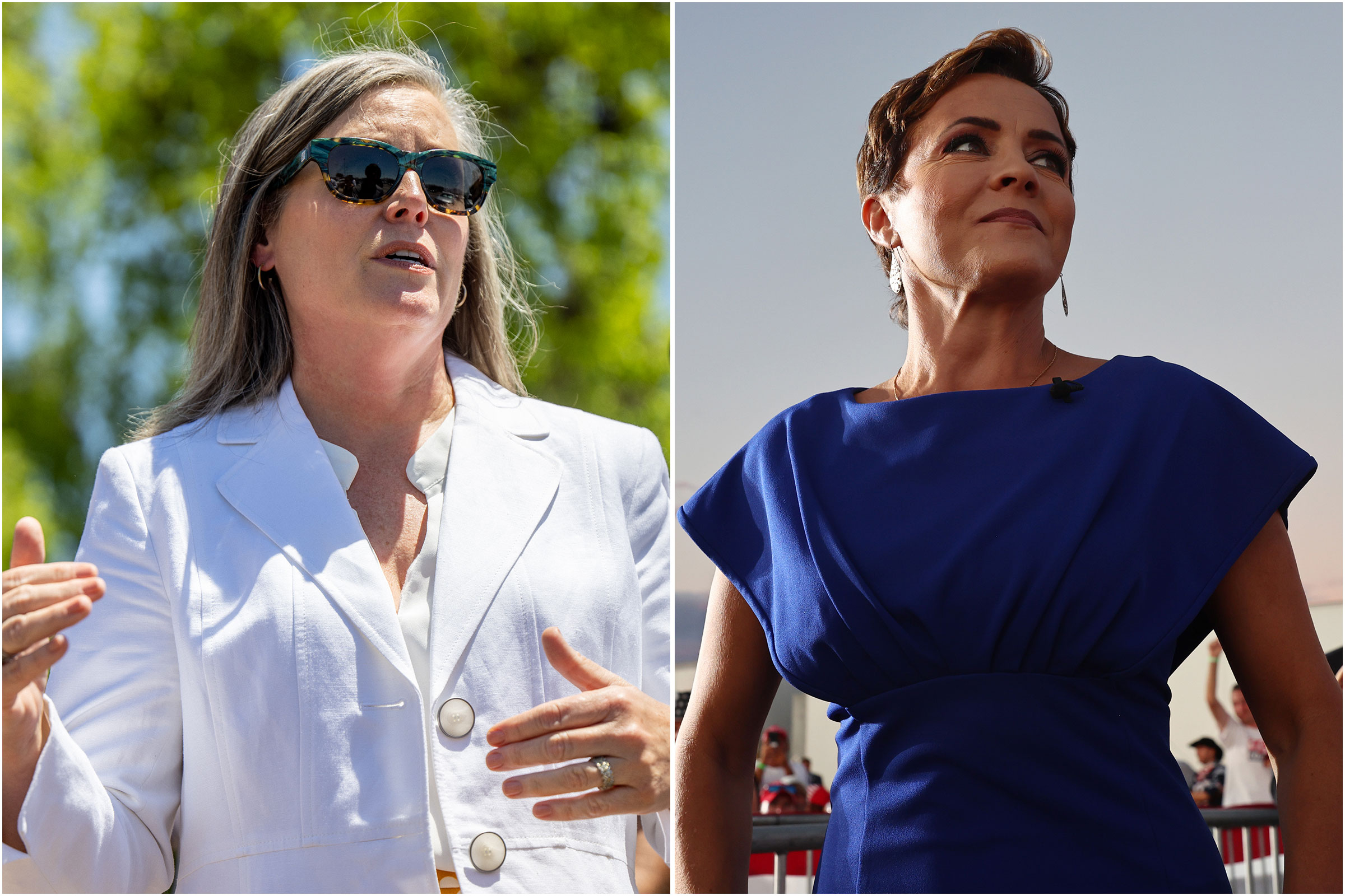 Arizona Secretary of State Katie Hobbs, a Democrat, left, and Republican Kari Lake are vying to be Arizona's next governor. (Brandon Bell—Getty Images; Mario Tama—Getty Images)