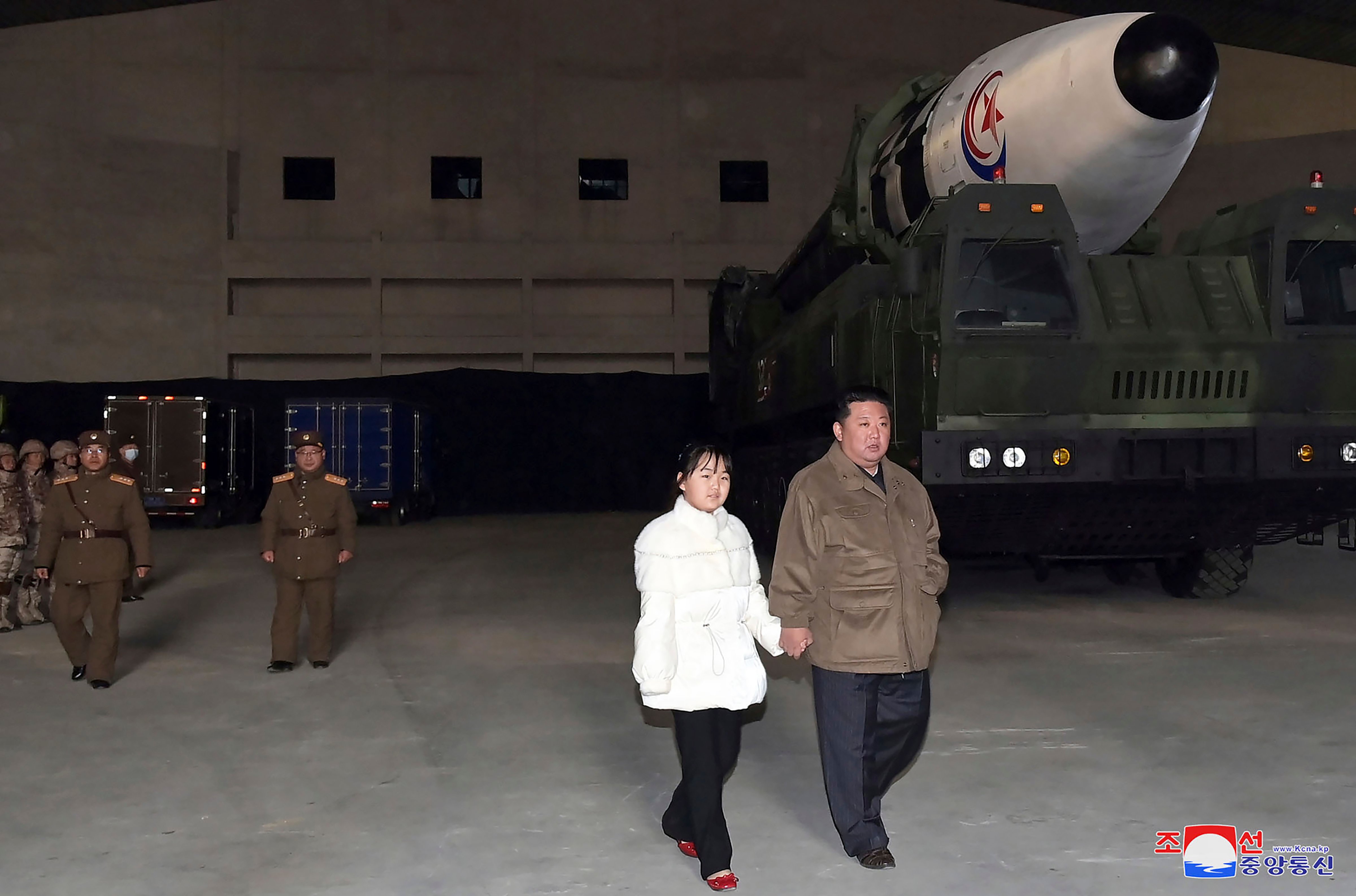 This photo provided on Nov. 19, 2022, by the North Korean government shows North Korean leader Kim Jong Un, right, and his daughter inspecting a missile at Pyongyang International Airport in Pyongyang, North Korea, Friday, Nov. 18, 2022. Independent journalists were not given access to cover the event depicted in this image distributed by the North Korean government. The content of this image is as provided and cannot be independently verified. Korean language watermark on image as provided by source reads: "KCNA" which is the abbreviation for Korean Central News Agency. (Korean Central News Agency/Korea News Service–AP)
