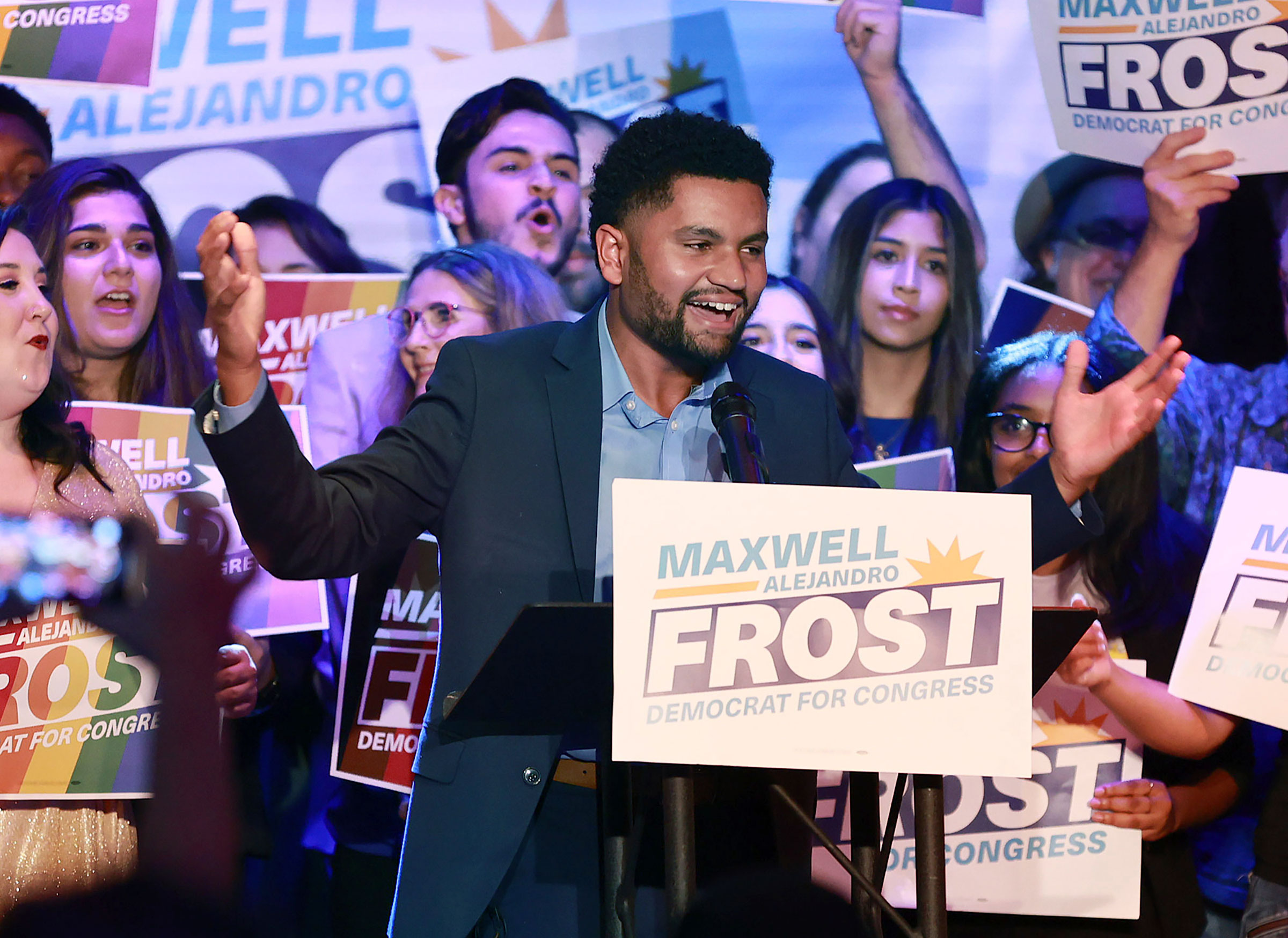 Democratic candidate for Florida's 10th Congressional District Maxwell Frost speaks as he celebrates with supporters during a victory party at The Abbey in Orlando, Fla., on Nov. 8, 2022. (Stephen M. Dowell—Orlando Sentinel/AP)