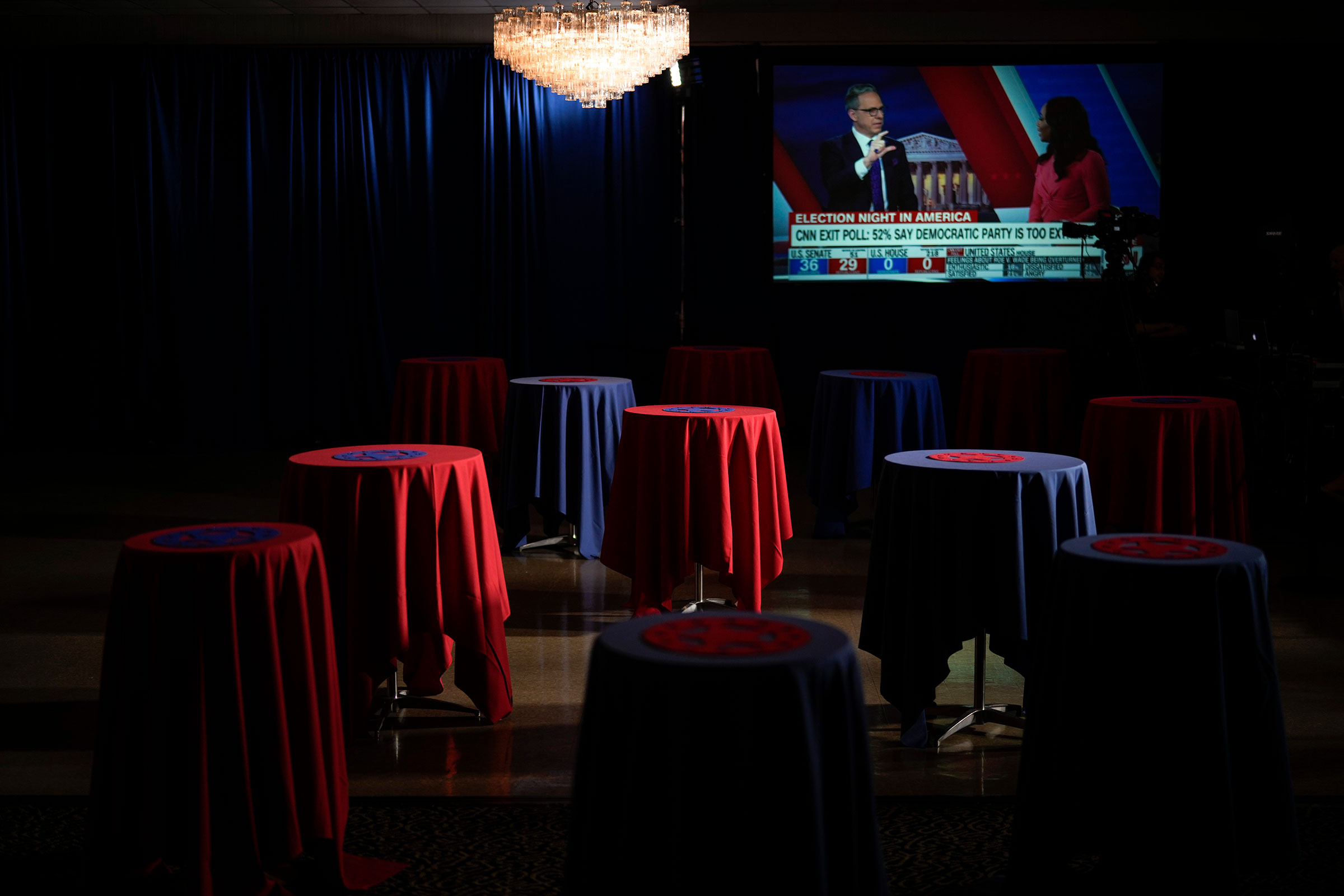 The ballroom is prepared for guests at an election-night event for Democratic candidate for Rep. Tim Ryan on Nov. 8, 2022 in Boardman, Ohio. (Drew Angerer—Getty Images)