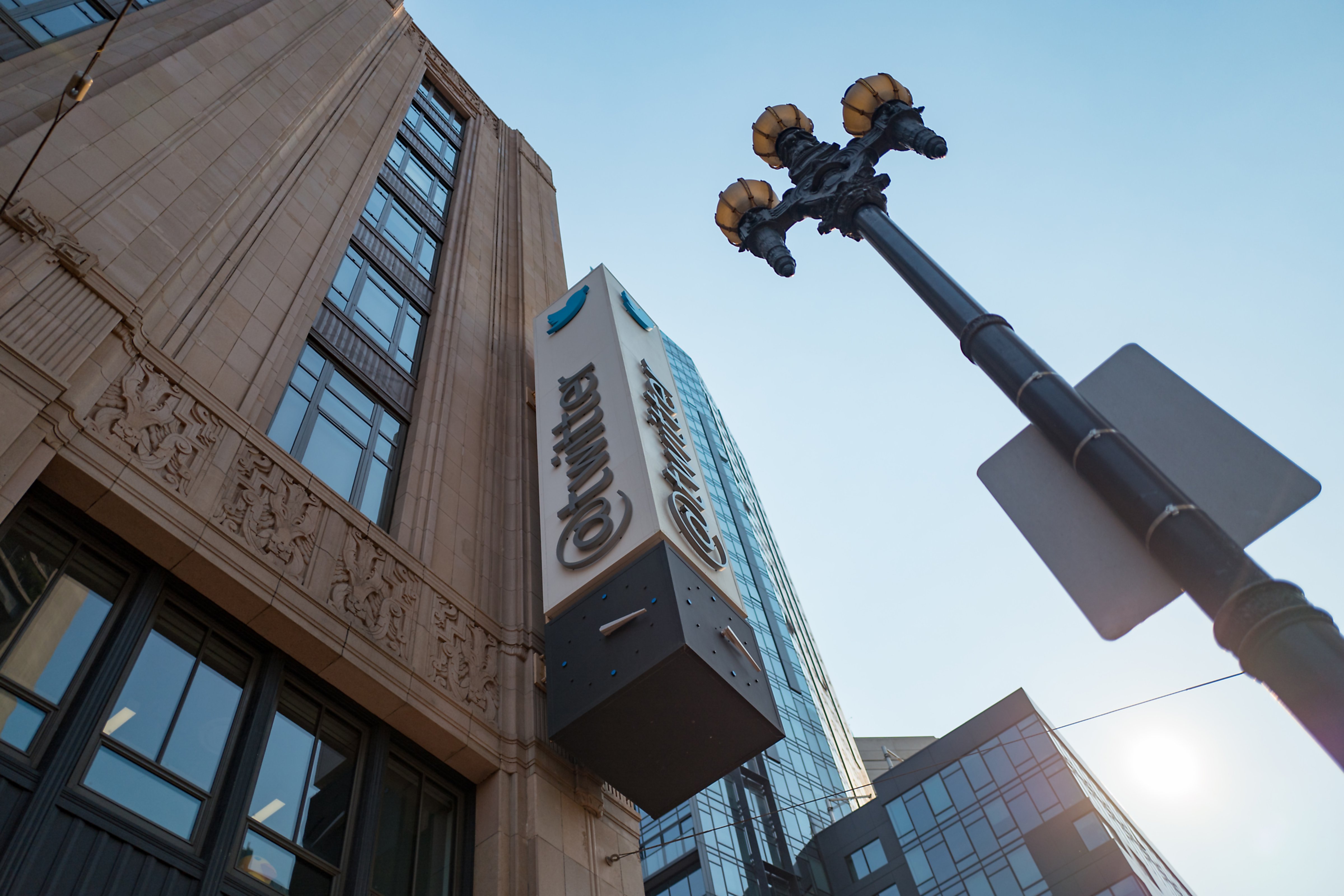 Low-angle view of sign with logo on the facade of the headquarters of social network Twitter in the South of Market (SoMa) neighborhood of San Francisco, California, October 13, 2017. (Smith Collection-Gado/Getty Images)