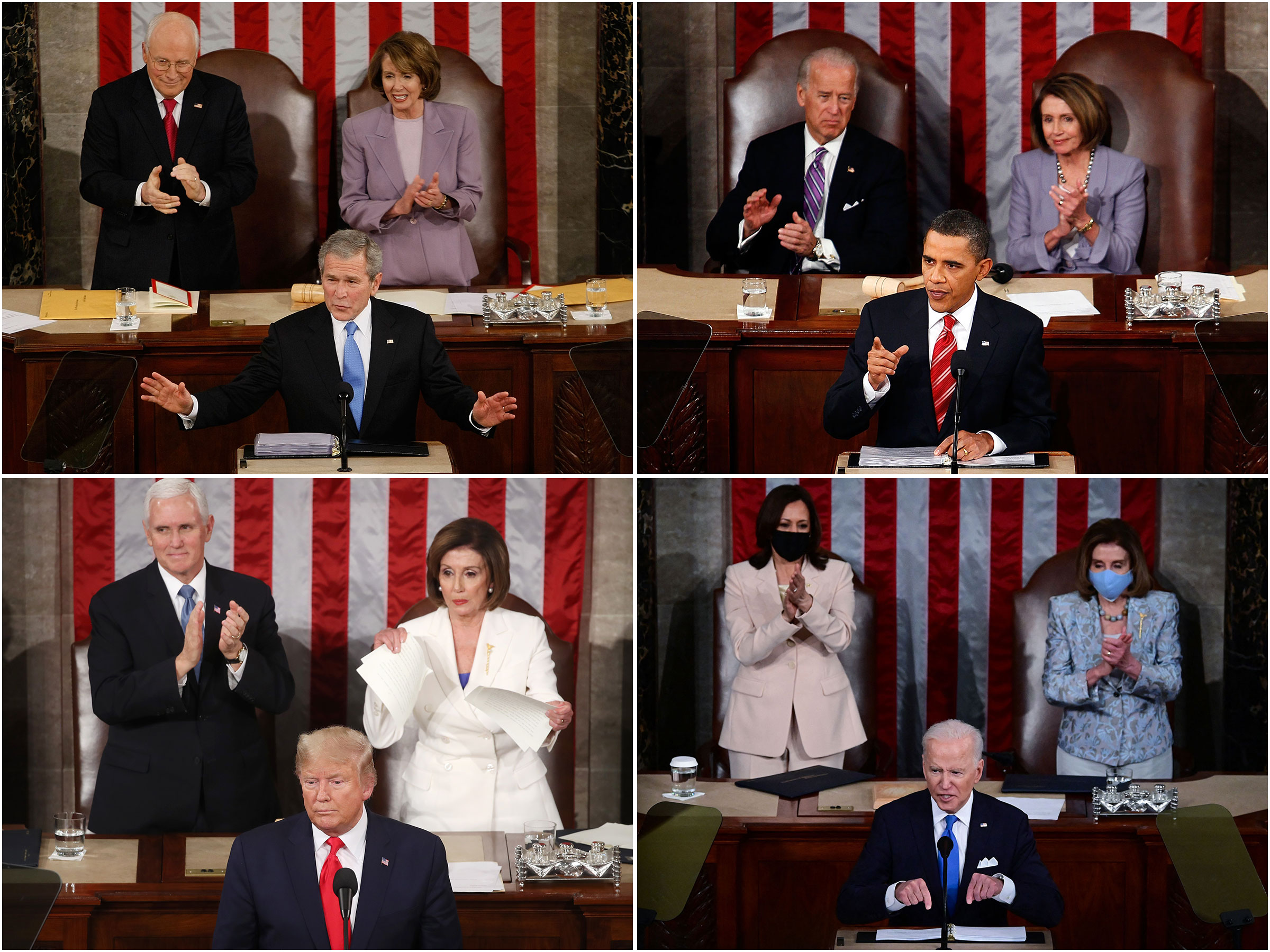 Four images of Nancy Pelosi seated behind Presidents George Bush, Barack Obama, Donald Trump, and Joe Biden during State of the Union speeches
