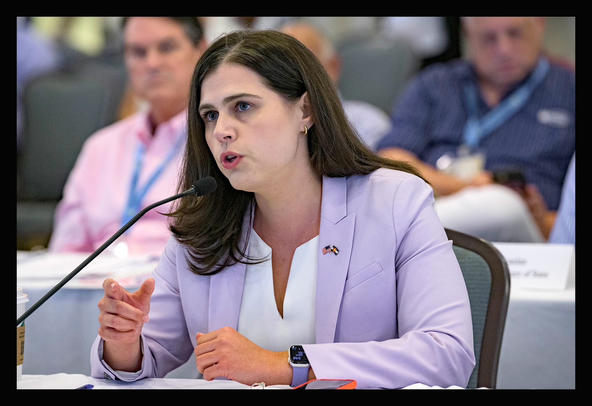 Colorado Secretary of State Jena Griswold talks about recent threats against her in Colorado during a committee meeting at the summer conference of the National Association of Secretaries of State in Baton Rouge, La., on July 8, 2022.