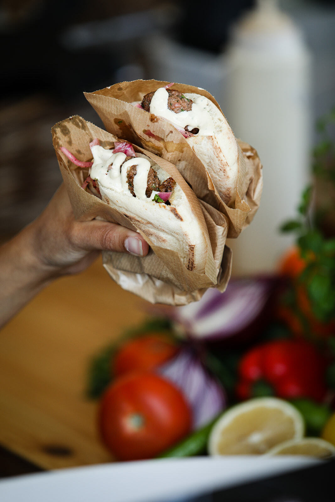 A pita made with Redefine Meat's plant-based lamb product, shown at the  FoodTech IL 2022 conference. (Tal Shahar and Achikam Ben-Yosef)