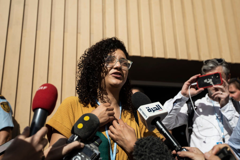 Sanaa Seif, sister of  Egyptian-British jailed activist Alaa Abdel-Fattah, who is on a hunger and water strike, gives a statement after her press conference on Alaa situation during the 2022 U.N Climate Change Conference COP27 at the International Convention Center. (Gehad Hamdy—Picture Alliance/Getty Images)