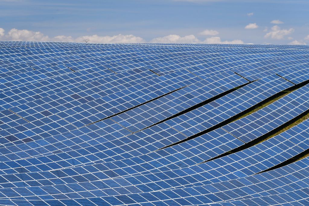 A view shows photovoltaic solar pannels at the power plant in La Colle des Mees, Alpes de Haute Provence, southeastern France, on April 17, 2019. (GERARD JULIEN/AFP—Getty Images)