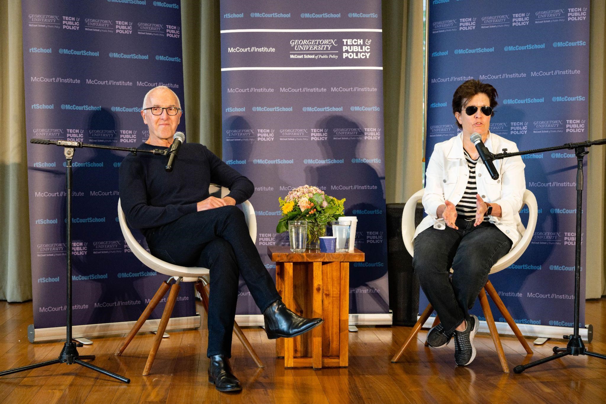 The entrepreneur Frank McCourt and the journalist Kara Swisher at Georgetown University in October 2022. (Phil Humnicky/Georgetown Univ.)