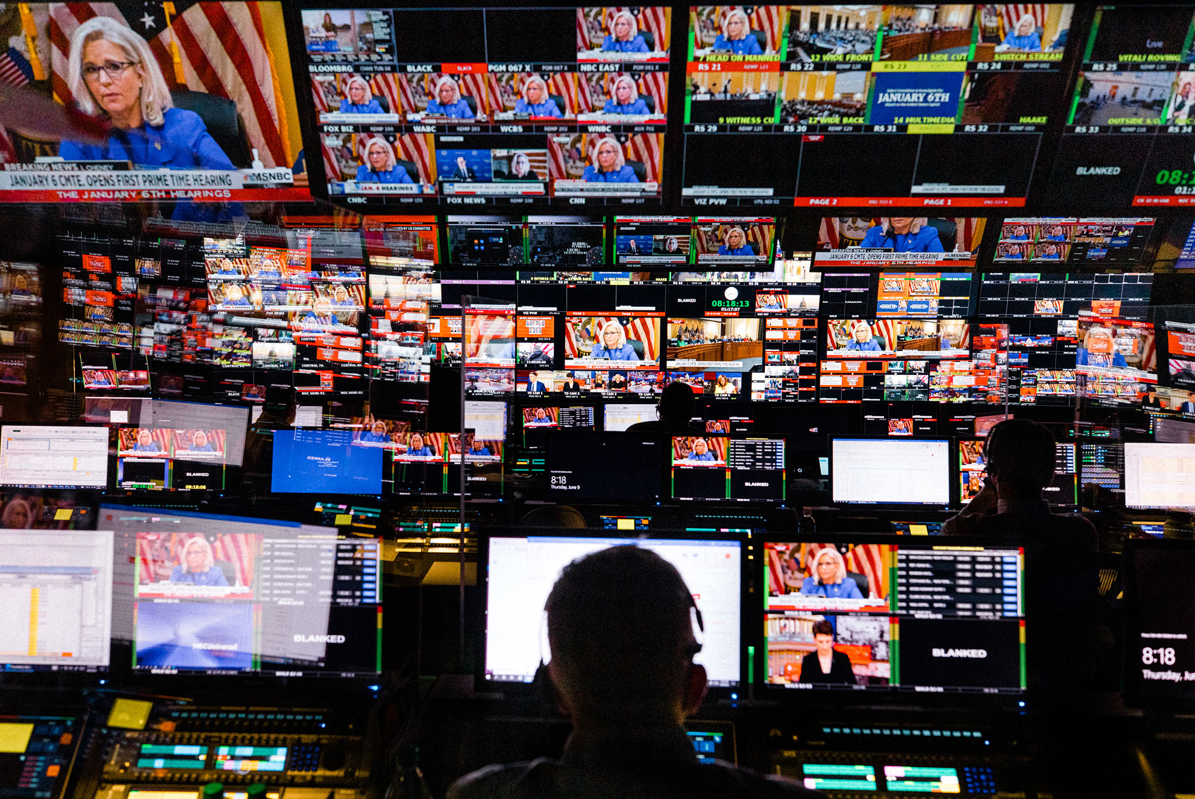 The control room at MSNBC's studio in New York City on June 9, during the first public hearing before the House committee investigating the Jan. 6, 2021 attack on the U.S. Capitol. The hearing aired during prime time. (Sinna Nasseri—The New York Times/Redux)