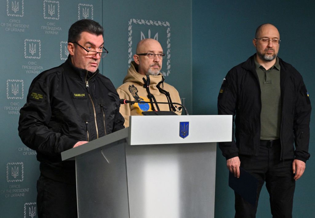Secretary of the National security and defence council of Ukraine Oleksiy Danilov, Ukrainian Minister of Defence Oleksii Reznikov and the Ukrainian Prime Minister Denys Shmyhal hold a press conference in Kyiv on Nov. 7, 2022. (Sergei Supinsky—AFP/Getty Images)