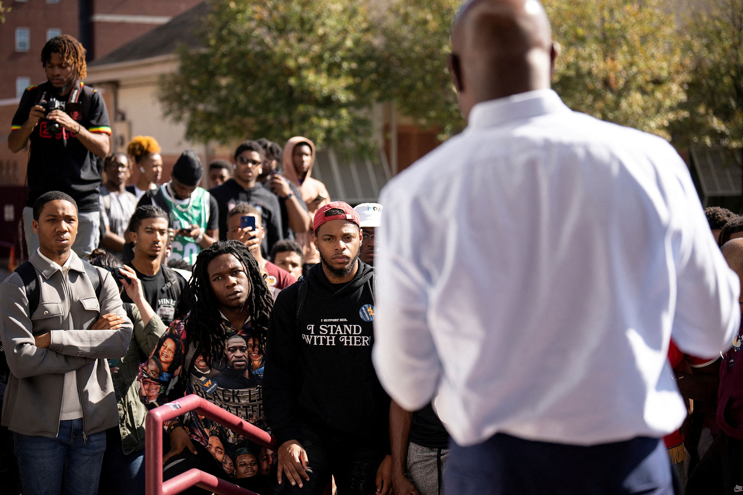 Rev. Raphael Warnock, Democratic Senator from Georgia, speaks to students at Atlanta University during a midterm election campaign event in Atlanta, on Nov. 8, 2022. (Bob Strong—Reuters)