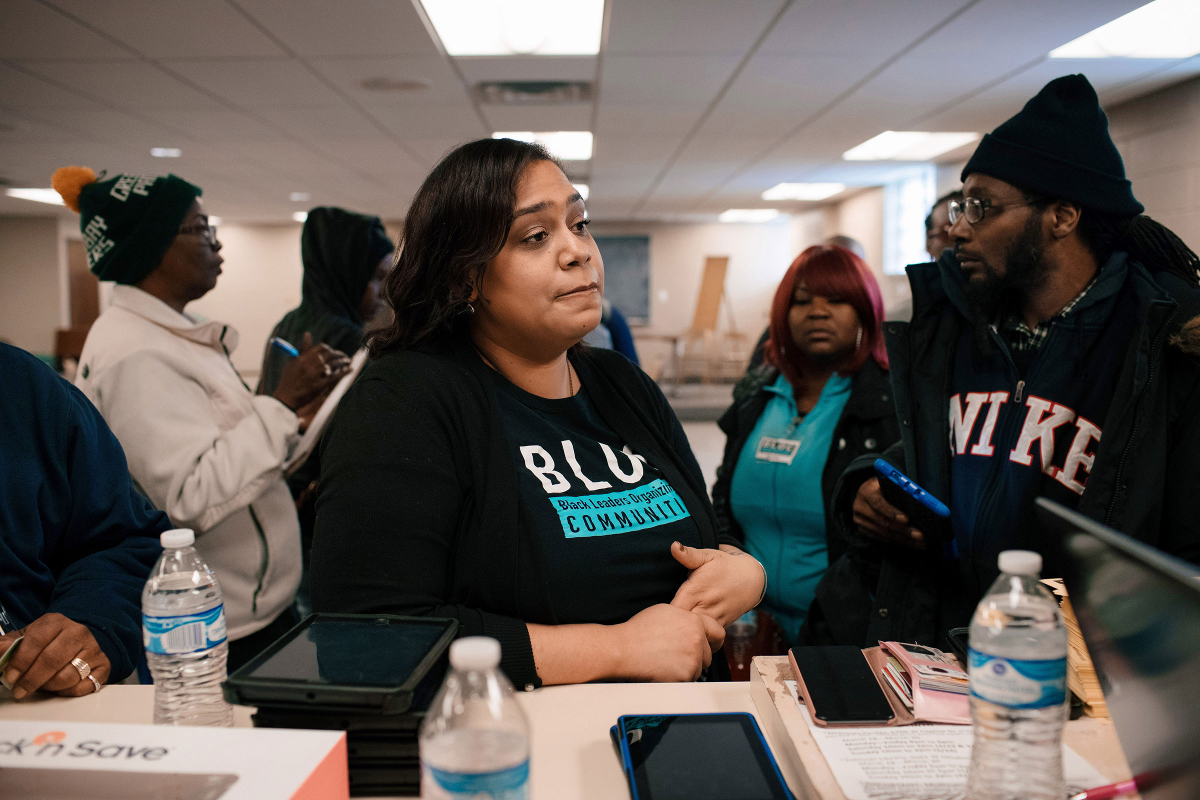 Angela Lang, the Executive Director of Black Leaders Organizing Communities (BLOC) talks with ambassadors before they go out to canvass in Milwaukee, in March 2019.