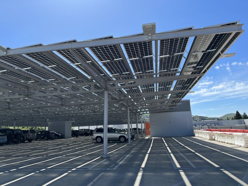 Solar panels in parking lot in San Ramon, California, March 26, 2022. (Gado via Getty Images)