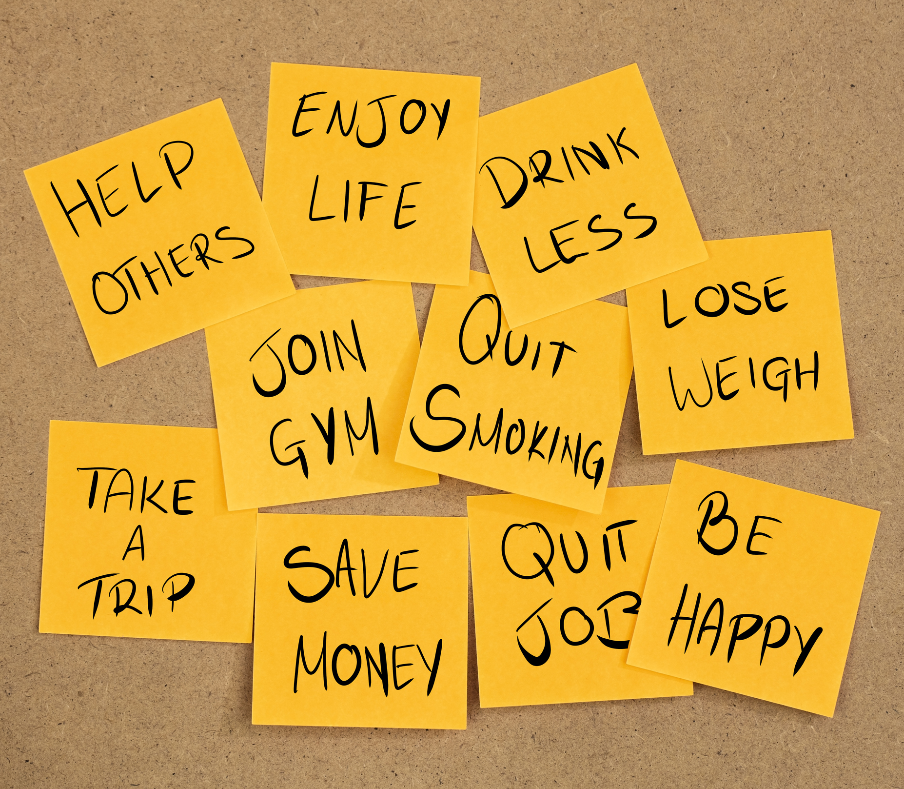 NEW YEAR RESOLUTIONS 2020 on sticky notes on a board