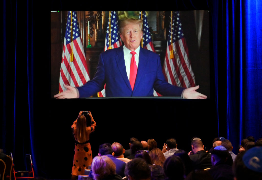 Former President Donald J. Trump speaks remotely during the Republican Jewish Coalition (RJC) Annual Leadership Meeting at the Venetian Las Vegas in Las Vegas, Nevada on November 19, 2022. The meeting comes on the heels of former President Donald Trump becoming the first candidate to declare his intention to seek the GOP nomination in the 2024 presidential race. (David Becker- Washington Post)
