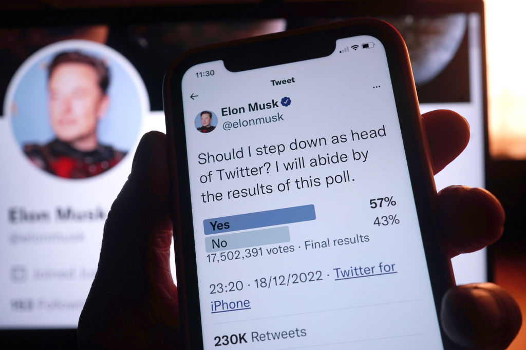 General view of twitter poll result, displayed on a mobile phone in London. Elon Musk looks set to step down from the top job at Twitter after just two months, if he respects the results of an online poll launched on Sunday night. (Yui Mok-PA Images)