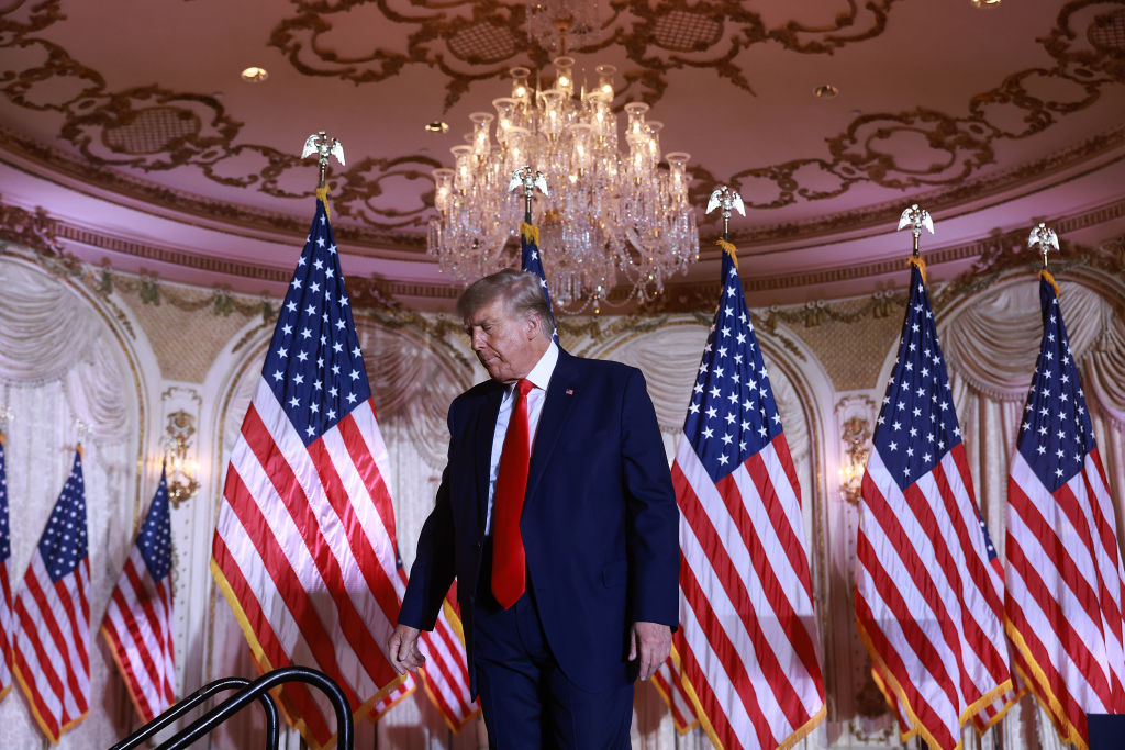 Former U.S. President Donald Trump leaves the stage after speaking during an event at his Mar-a-Lago home on November 15, 2022 in Palm Beach, Florida. Trump announced that he was seeking another term in office and officially launched his 2024 presidential campaign. (Joe Raedle—Getty Images)