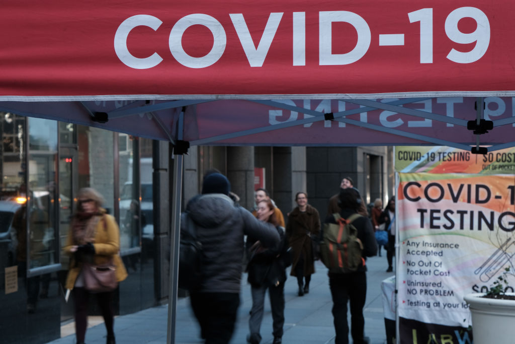 A COVID-19 testing site stands on a sidewalk in Midtown Manhattan on December 09, 2022 in New York City. While COVID-19  numbers have dropped significantly in both New York City and the nation over the last year, New York has witnessed a recent surge in cases. The Centers for Disease Control and Prevention warned Thursday that cases and hospitalizations have once again reached levels high enough to warrant indoor masking in many parts of the country. (Spencer Platt-Getty Images)