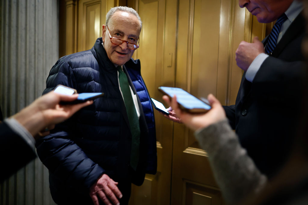Senate Majority Leader Charles Schumer speaks briefly with reporters during a procedural vote on the omnibus spending legislation at the U.S. Capitol on December 20, 2022 in Washington, DC. (Chip Somodevilla—Getty Images)