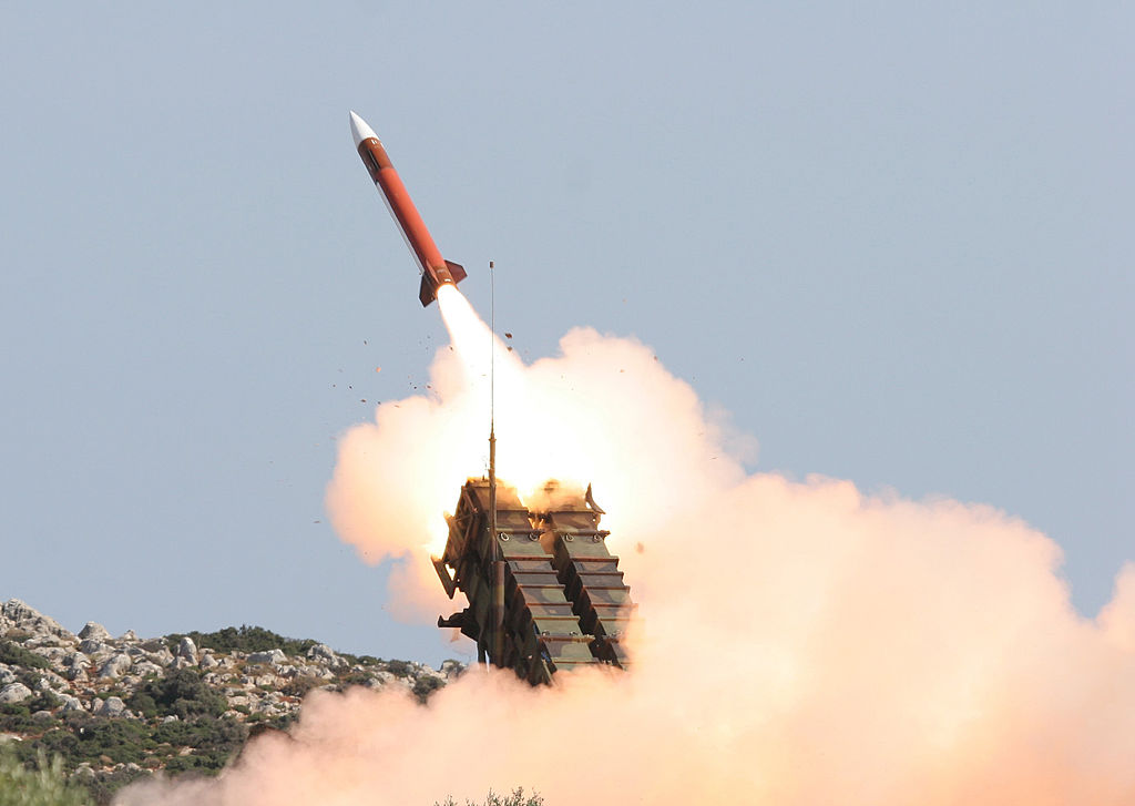 In this handout image provided by the German Bundeswehr armed forces, a patriot missile is fired during the Operation Red Arrow exercise on October 15, 2008 in Crete, Greece. (Peter Mueller—Bundeswehr/Getty Images)
