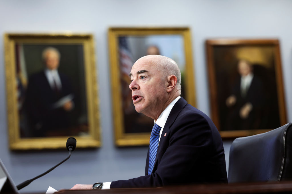 U.S. Homeland Security Secretary Alejandro Mayorkas testifies before a House Appropriations Subcommittee on April 27, 2022 in Washington, D.C. (Kevin Dietsch—Getty Images)