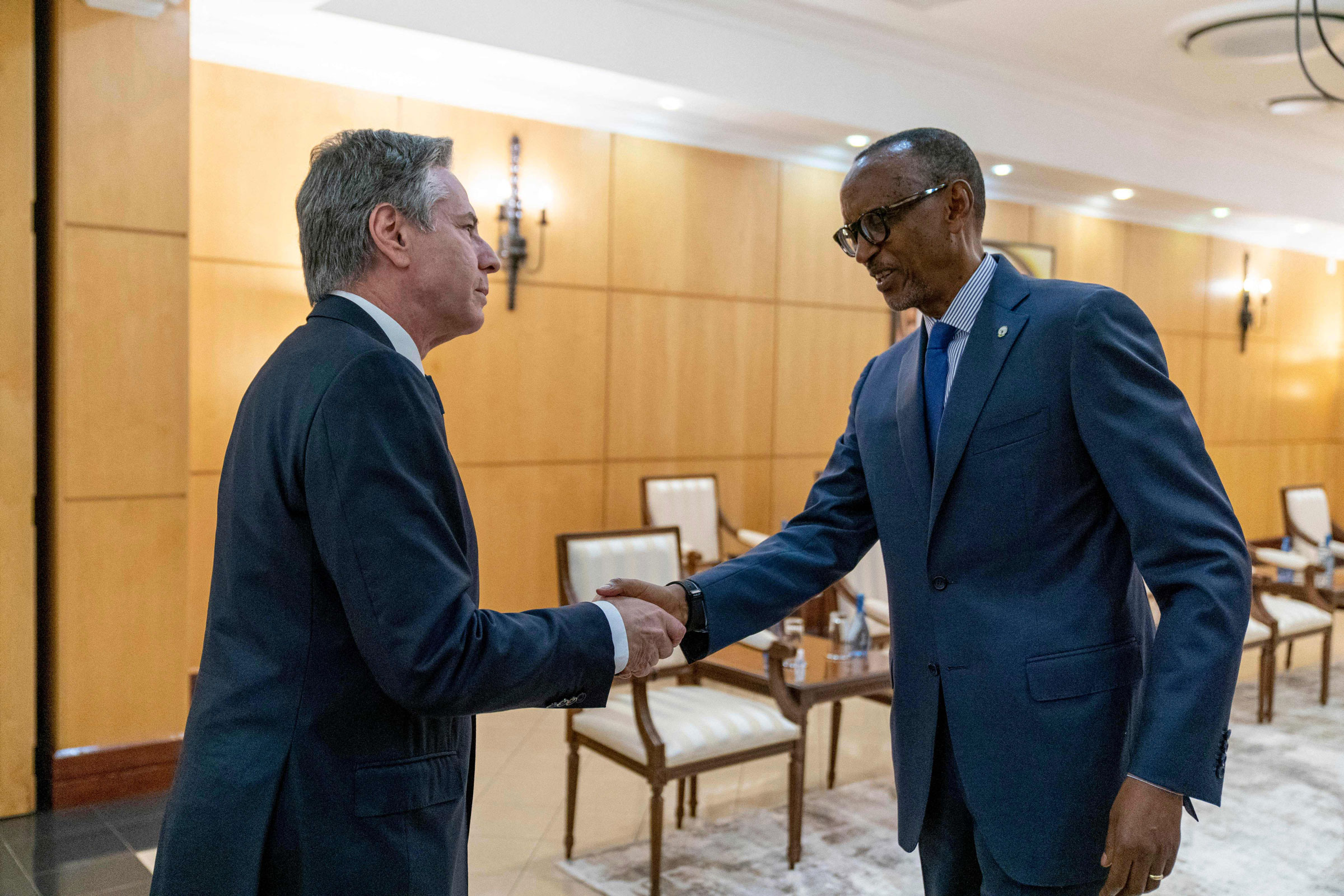 US Secretary of State Antony Blinken meets with Rwandan President Paul Kagame at the Presidents Office in Urugwiro Village in Kigali, Rwanda, on August 11, 2022. (Andrew Harnik—Pool/AFP/Getty Images)