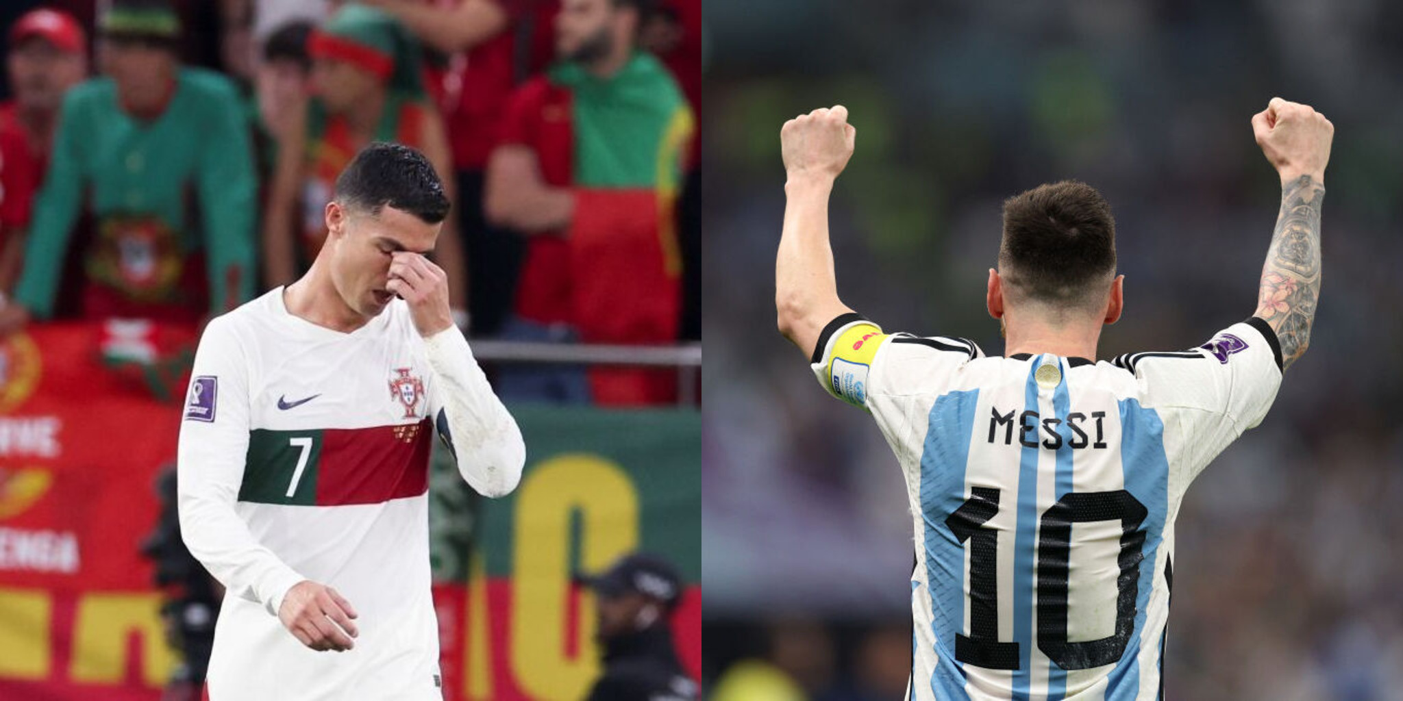 Ronaldo reacts after Portugal's quarterfinal loss to Morocco during the World Cup in Qatar on Dec. 10, 2022. Left: Messi celebrates after scoring Argentina's first goal in the semifinal against Croatia on Dec. 13, 2022. (Getty Images (Cao Can—Xinhua and Richard Heathcote))