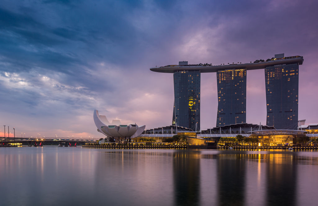 A view of Marina Bay Sand in Singapore at sunrise