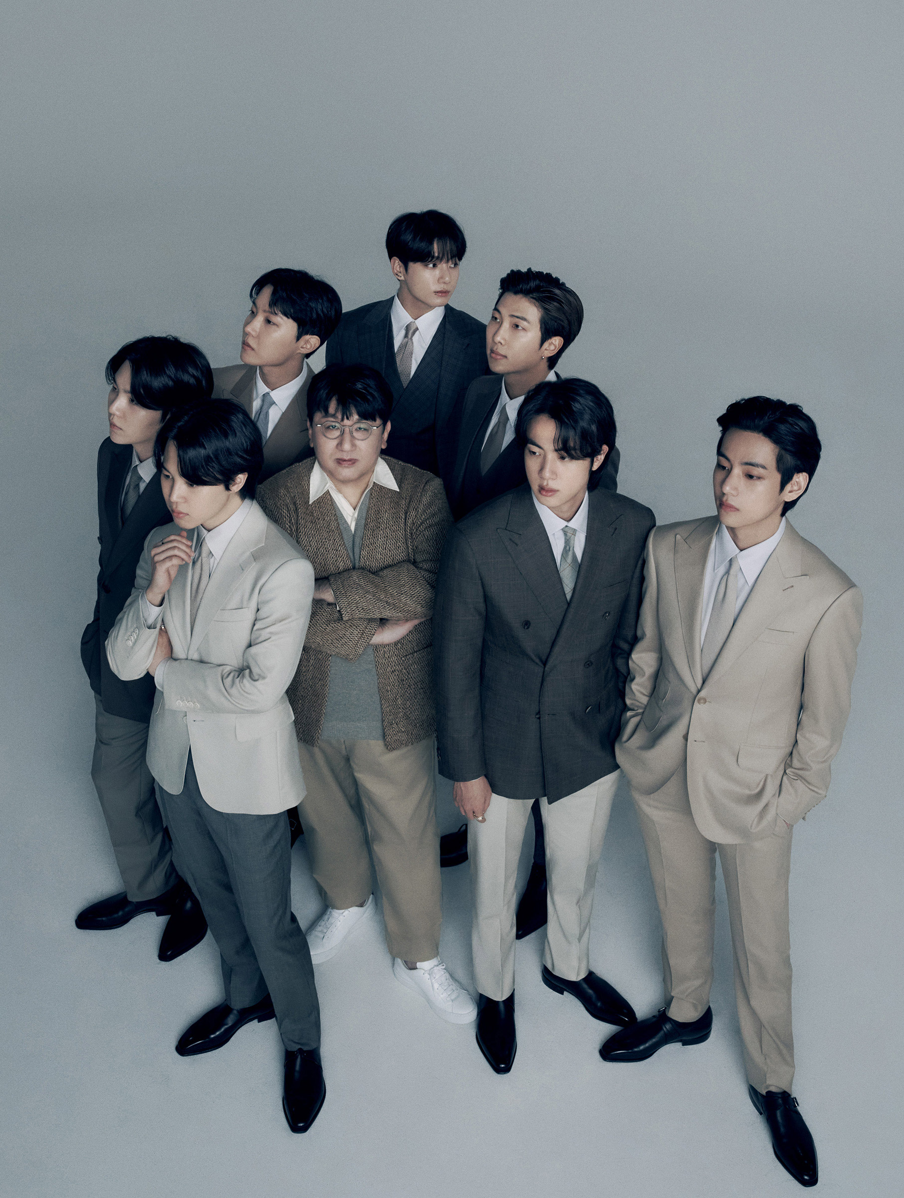 <strong>Mr. Bang Si-Hyuk, chairperson of HYBE, with BTS.</strong> "<a href="https://time.com/collection/time100-companies-2022/6159410/hybe-bang-si-hyuk-bts-interview/">HYBE and Bang Si-hyuk Are Transforming the Music Business—With a Little Help From BTS,</a>" April 11 issue. (Hong Jang Hyun for TIME)